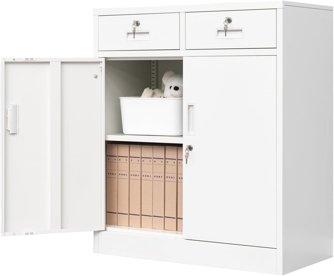 BESFUR Metal Storage Cabinet with 2 Drawers 36" H, Small Lockable Steel Storage Cabinets with 2 Lockable Doors and Adjustable Shelves Easy to Assemble for Home Office Garage Kitchen Pantry White