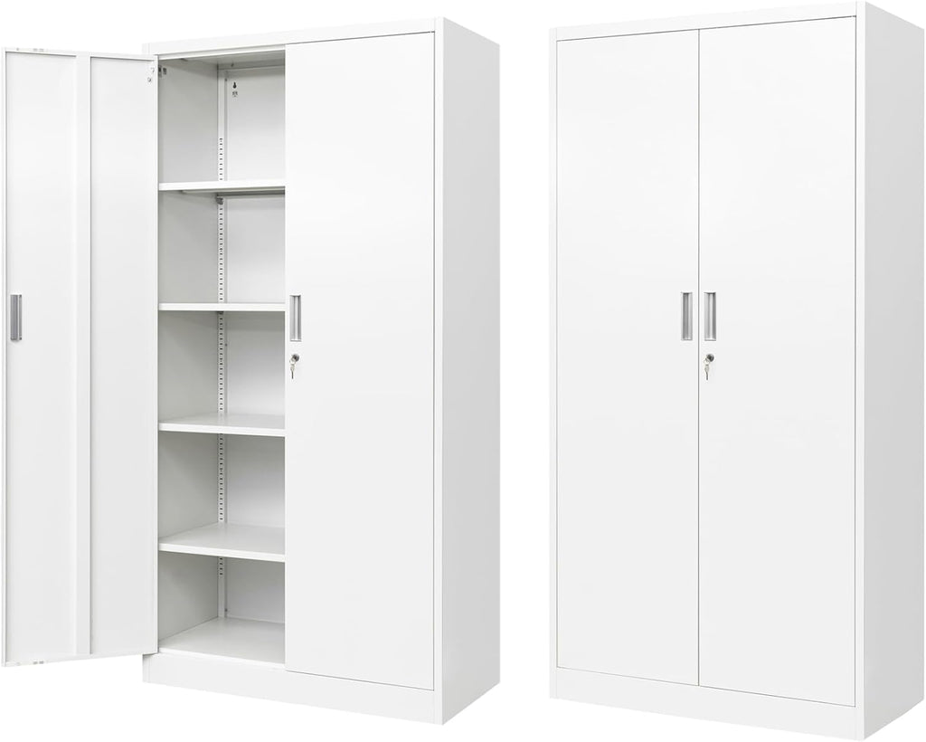 BESFUR Metal Storage Cabinet, 72" - White Garage Metal Cabinet, Adjustable Shelves and Locking Doors for Office, School, Garage