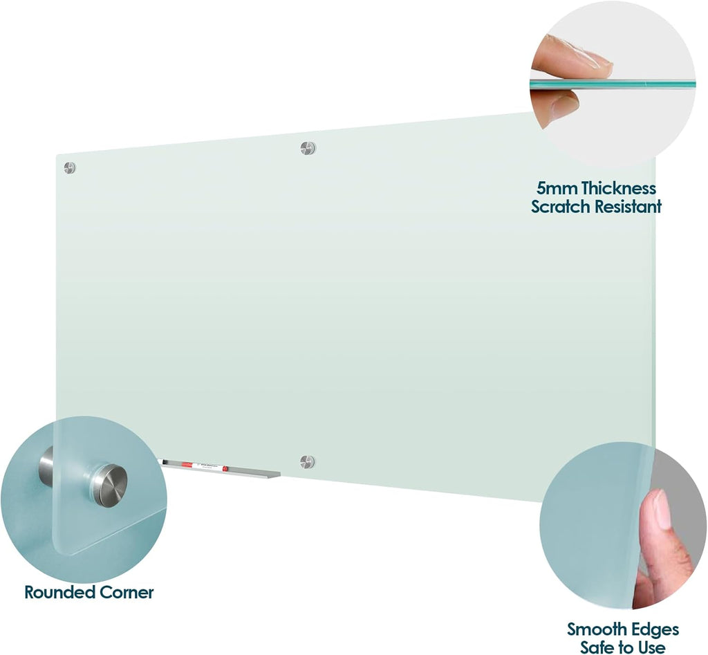J&J worldwide Glass Whiteboard 6' x 3', Frosted Glass Dry Erase Board Non-Magnetic, Semi-Transparent, Includes Markers, Marker Tray, Eraser for Wall, Office, Home, School