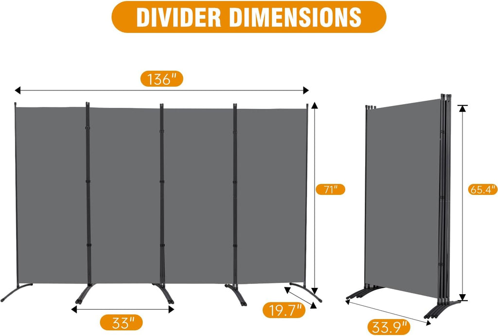 4 Panel Folding Privacy Screens, 6 FT Tall Wall Divider with Metal Frame, Freestanding Room Divider for Office Bedroom Study (4 Panel, Grey)