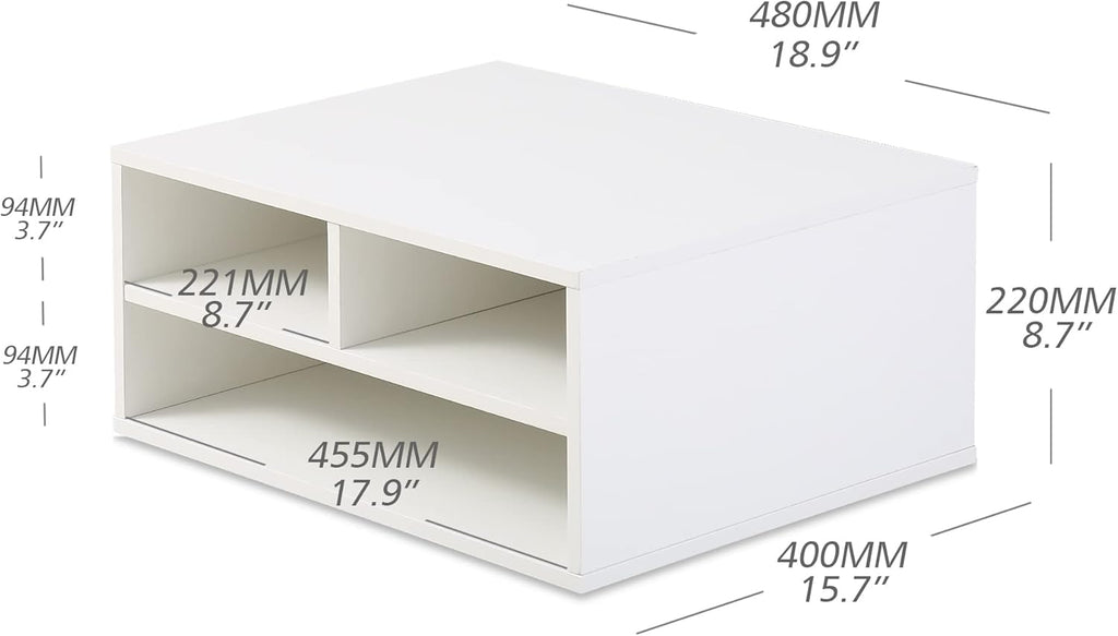 FITUEYES Large Printer Stand with 3 Storage Compartments, Desk Paper Organizer for Home Office, 2-Tier Wood Printer Shelf, White, 18.9" L x 15.7" W x 8.7" H