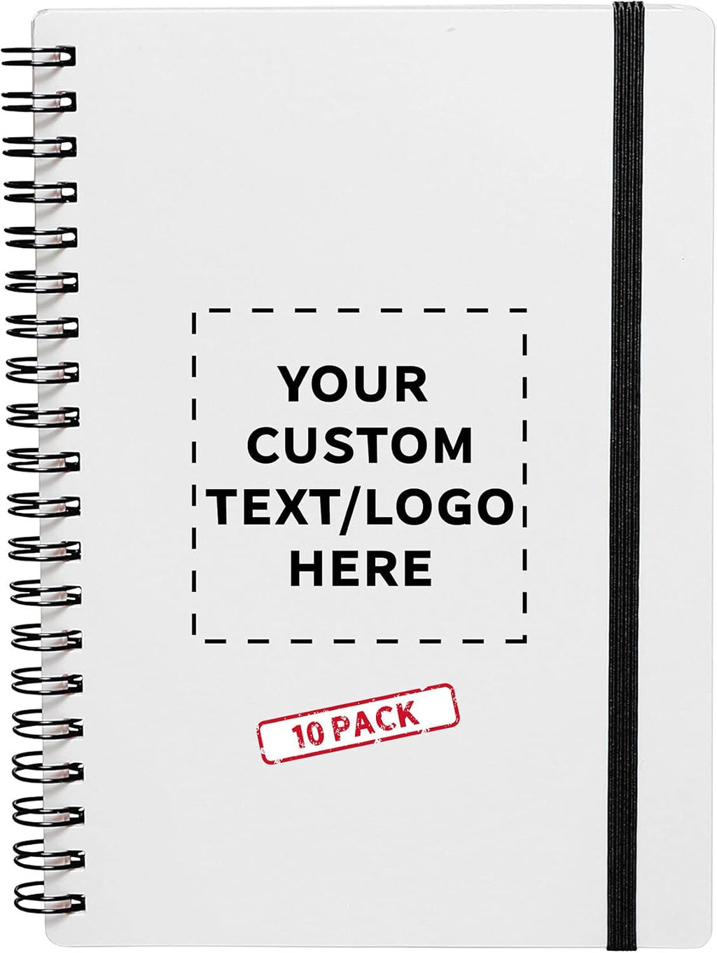 10 White Spiral Notebooks with Elastic Band Pack - Customizable Text, Logo - 80 lined pages, Recycled - Black