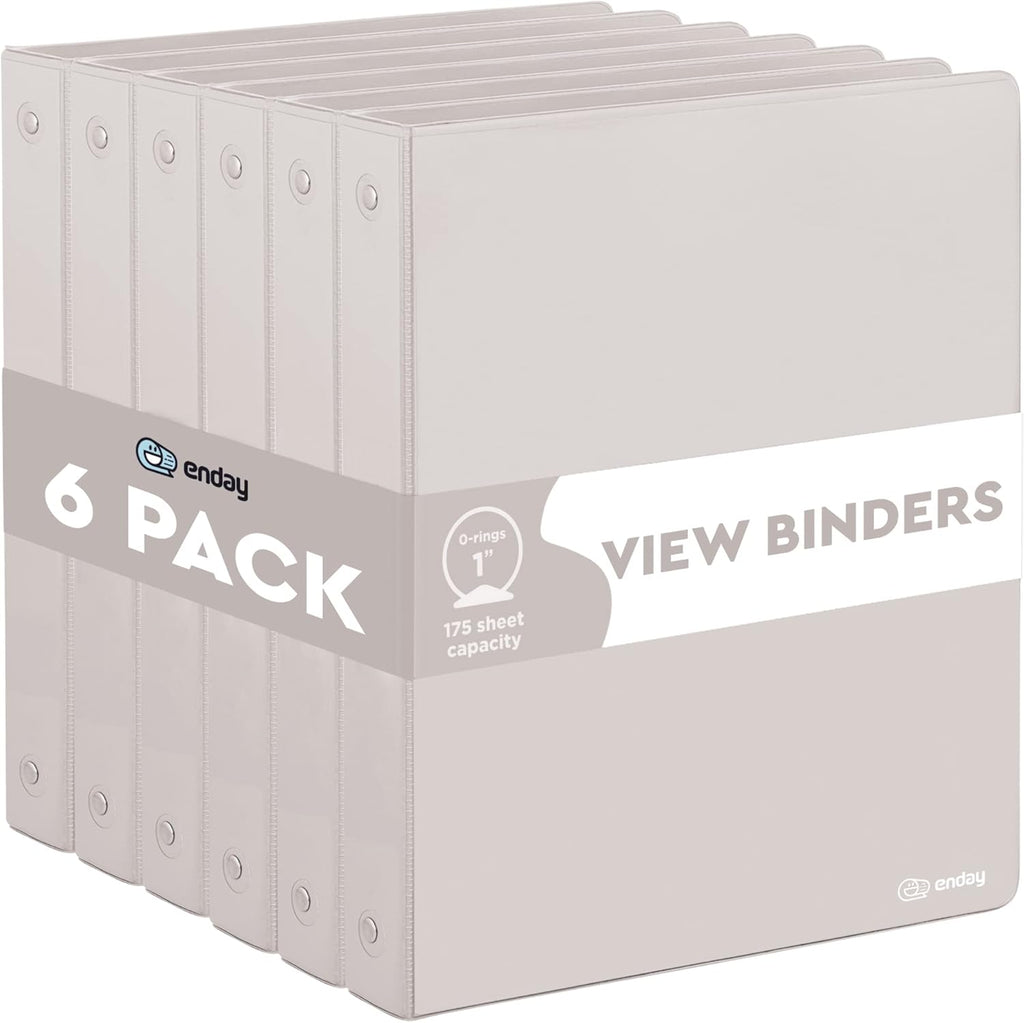 3 Ring Binder Grey, 1 Inch, 1” Clear View Cover with 2 Inside Pockets Round Ring Binder, Colored School Supplies Binders, Also Available in Pink, Blue, Purple, Green, and Red (6 PC) – by Enday