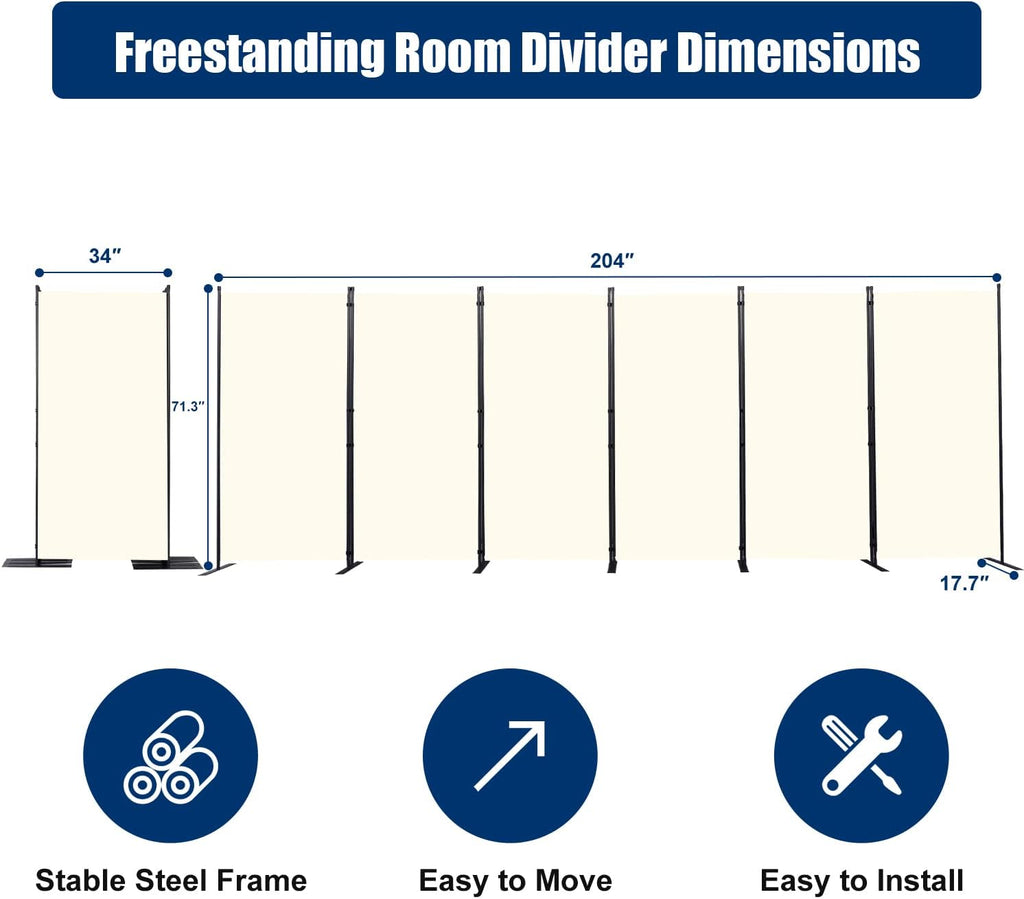 Room Divider 6FT Portable Room Dividers and Folding Privacy Screens, 204'' W Fabric Divider for Room Separation, 6 Panel Partition Room Dividers Freestanding Wall Divider Screen for Dorm Studio Office
