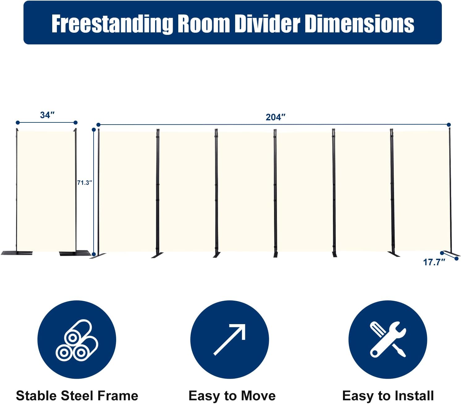 Room Divider 6FT Portable Room Dividers and Folding Privacy Screens, 204'' W Fabric Divider for Room Separation, 6 Panel Partition Room Dividers Freestanding Wall Divider Screen for Dorm Studio Office