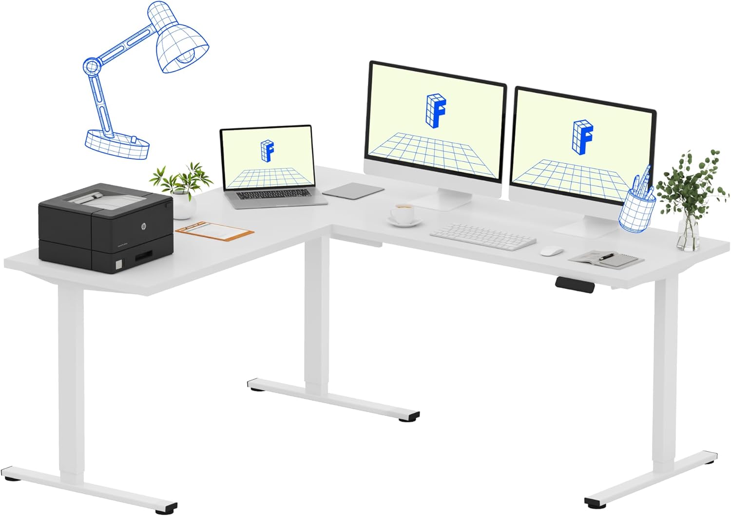 FLEXISPOT L Shaped Standing Desk, 71 x 63 Inch Electric Height Adjustable Corner Desk, Sit Stand Computer Workstation, Preset Controller, Home Office, White Frame with White Top