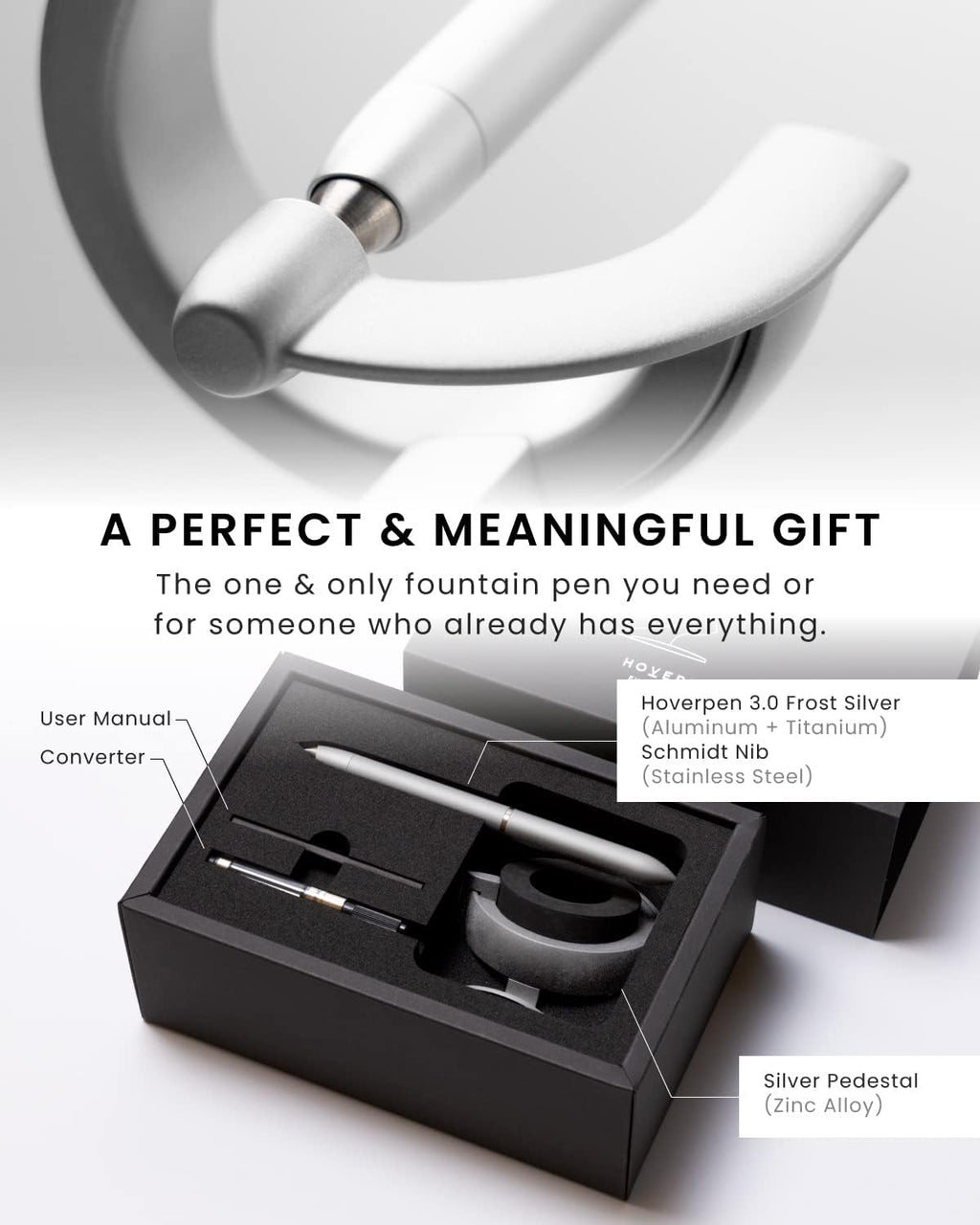 novium Hoverpen Future Edition - Luxury Metal Fountain Pen, Fine Nib, Aerospace Metal, Futuristic Desk Pen, Free Spinning Executive, Signing Pen (Frost Silver)