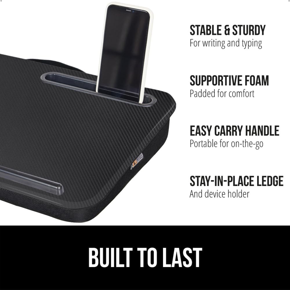 GORILLA GRIP Laptop Lap Desk with Phone Holder, Pillow Cushion Desks Fit Laptops up to 15.6", Tray Ledge Keep Computers in Place, Portable Travel Workstation Essentials for Home, Dorm Room, Black