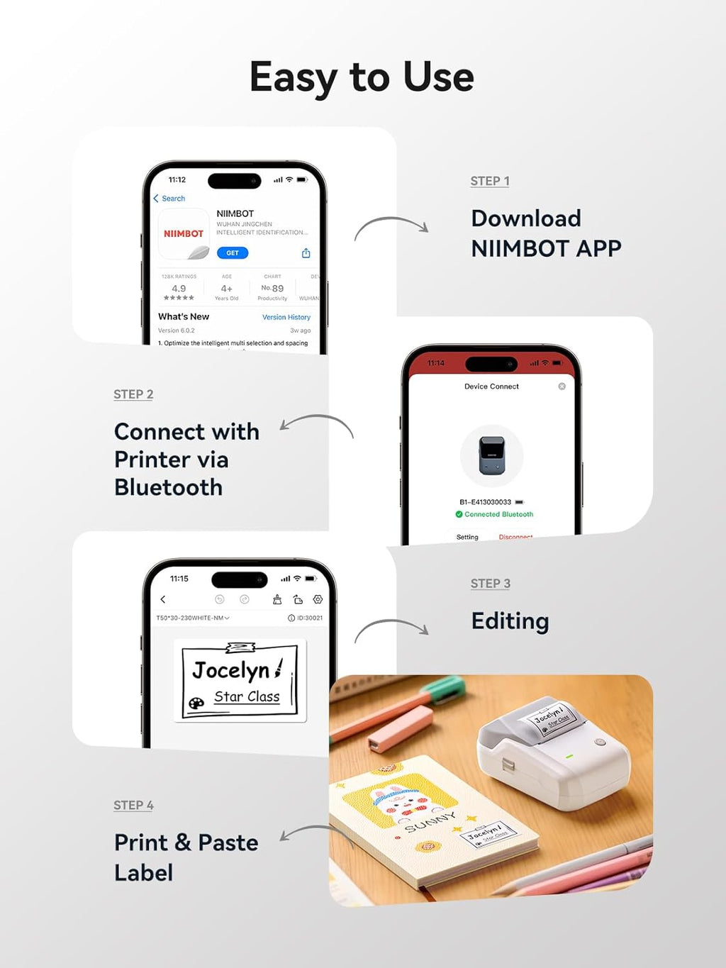 NIIMBOT B1 Bluetooth Label Maker Machine with Tape, Easy to Use, Large Waterproof Label, 2 Inch Portable Thermal Label Printer with Multiple Templates for Kitchen,Home, School, Small Business,Grey