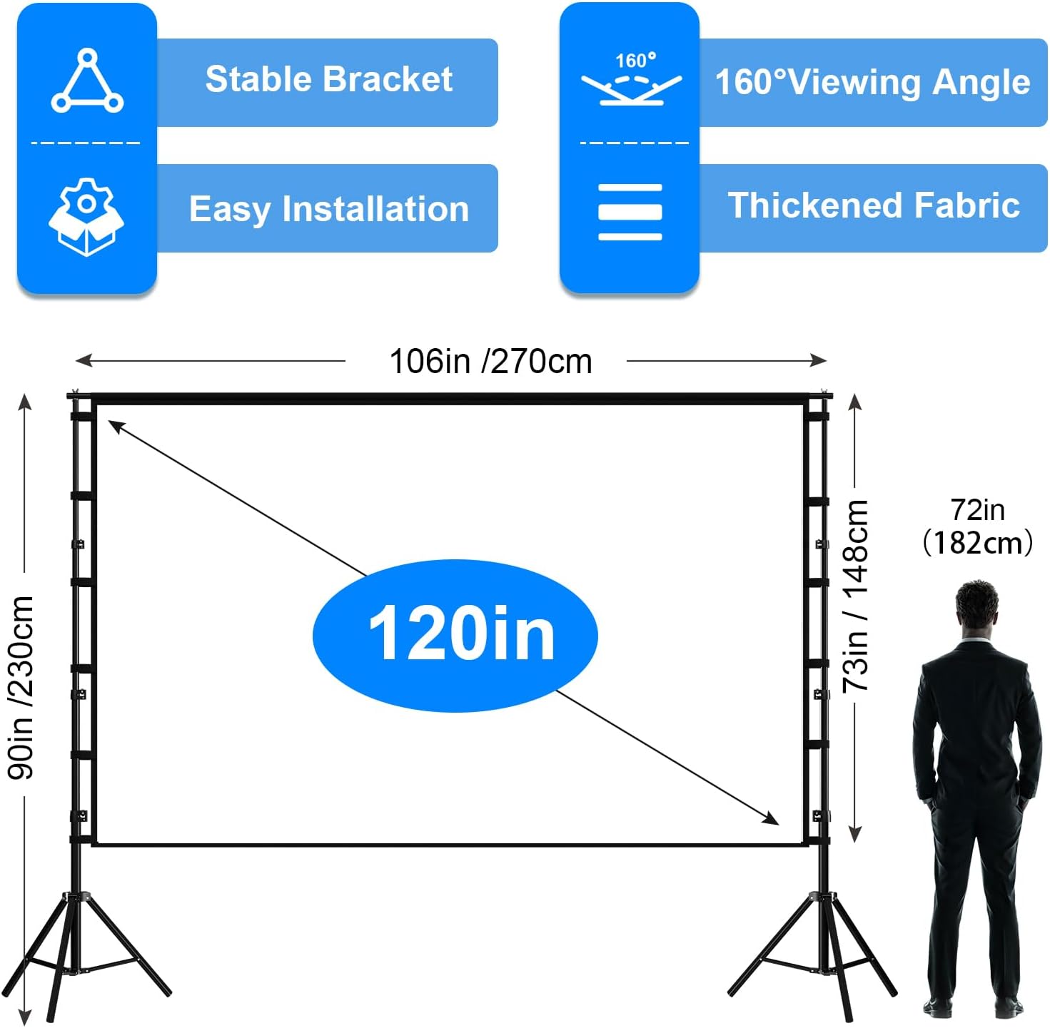 Outdoor Projector Screen with Stand,120 inch Portable Heavy Duty Bracket Large Projector Screen 16:9 4K HD Rear Front Projection Movie Screen with Carry Bag for Home Theater