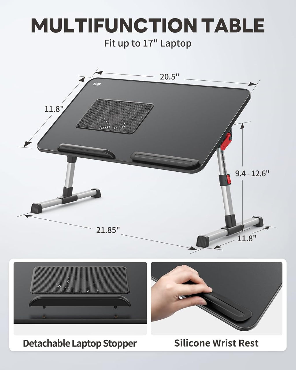 Laptop Desk for Bed with Cooling Fan, SAIJI Height & Angle Adjustable Laptop Stand for Bed, Lap Desk Tray Table, Lightweight Foldable Portable Computer Table for Couch Sofa Chair Floor Desk (Black)