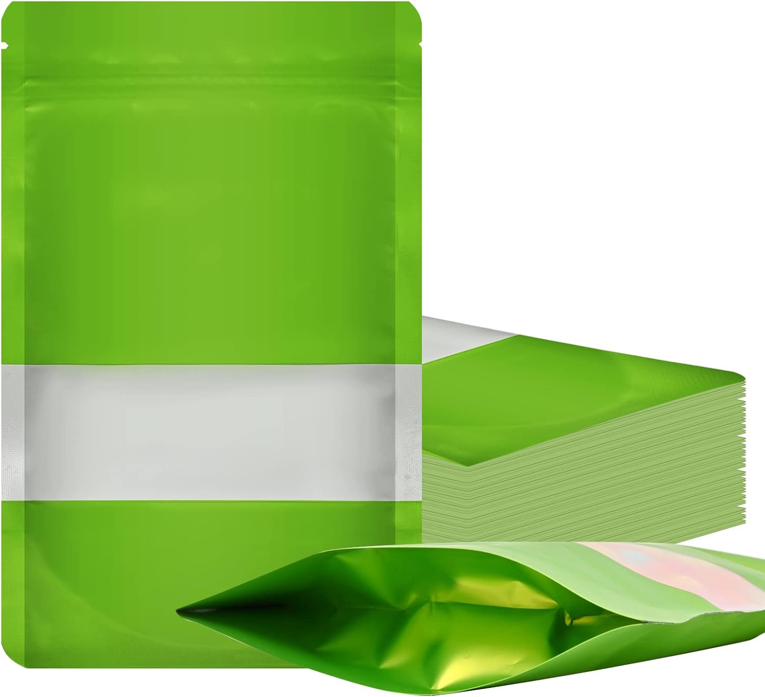 100 Pieces Smell Proof Mylar Food Storage Bags, Resealable with Clear Window, Stand-up Foil Pouch, Self-Sealing Supplies (Green, 5.3 x 7.8 Inch)