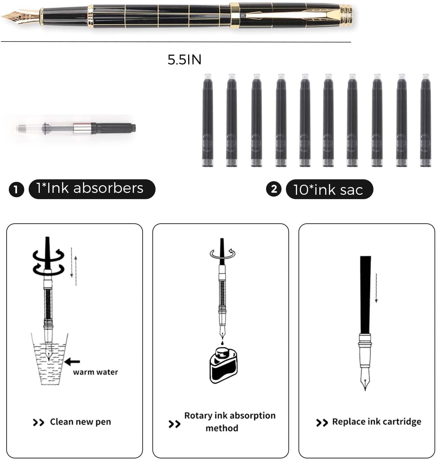 Tiankool Luxury Fountain Pen,Fine Nib, Exquisite Pen Gift Set for Men&Women-Includes 10 Ink Cartridges&Ink Converter- Nice Pens - Black - Gold Plaid