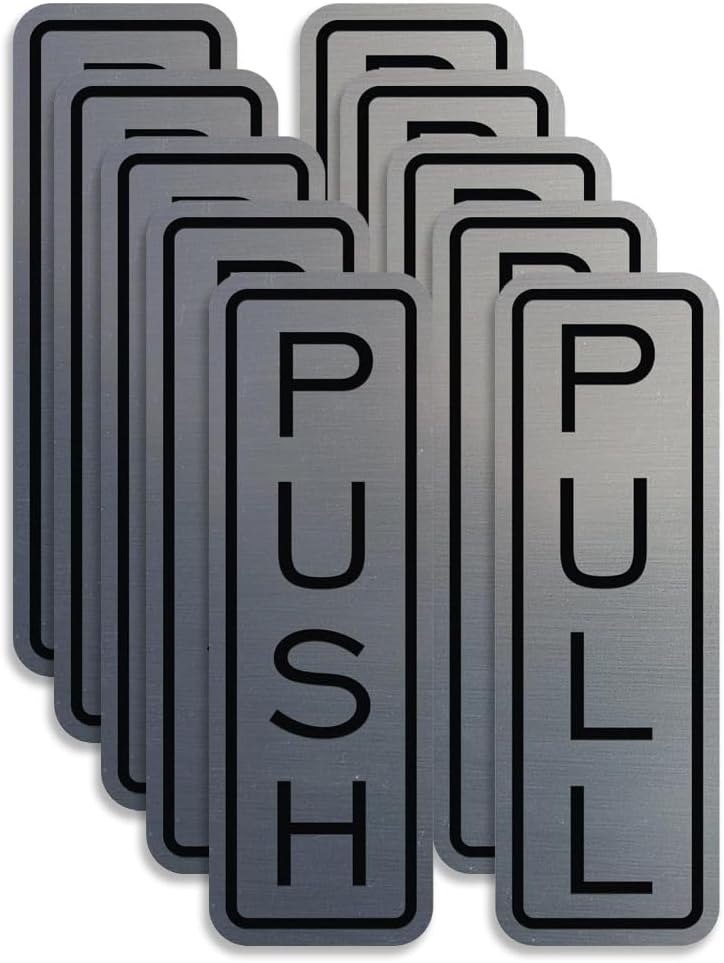 All Quality Classic Vertical Push Pull Door Signs - Great for Glass Doors | Professional Looking Signs | Easy Installation Includes Double-Sided Foam Adhesive Tape (Brushed Silver) - Large (5 Pack)