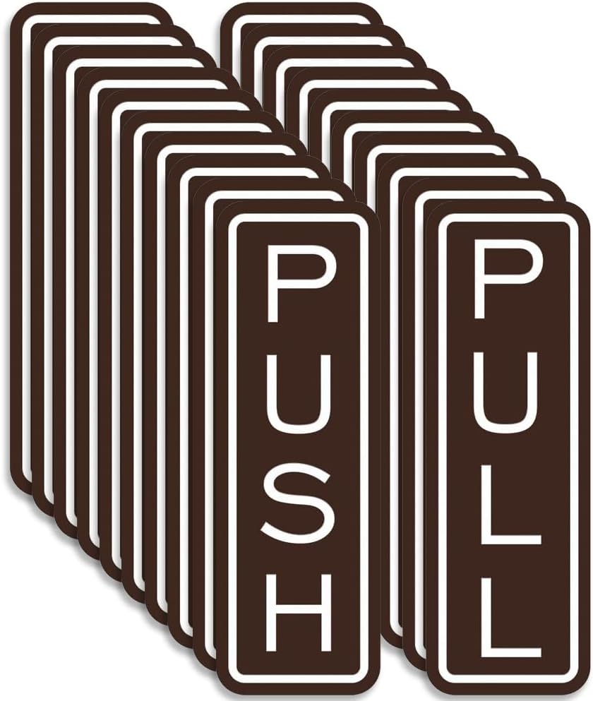 All Quality Classic Vertical Push Pull Door Signs - Great for Glass Doors | Professional Looking Signs | Easy Installation Includes Double-Sided Foam Adhesive Tape (Dark Brown) - Medium (10 Pack)