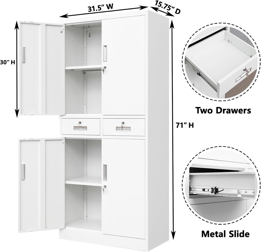 BESFUR Metal Storage Cabinet, Locking Storage Cabinet with Drawers and Adjustable Shelves for Garage, Office, Classroom - White