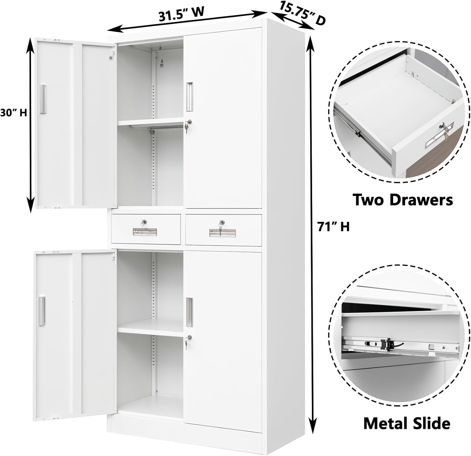 BESFUR Metal Storage Cabinet, Locking Storage Cabinet with Drawers and Adjustable Shelves for Garage, Office, Classroom - White