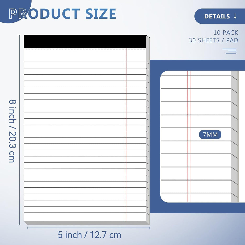 10 Pack of Legal Pad Writing Pads 5" x 8" Notepad 80gsm Recycled Paper Small Legal Pads 25 Lines Note Pads Perforated Legal Pads 30 Sheets Double-Sided Printing Legal Pads for School, College, Office