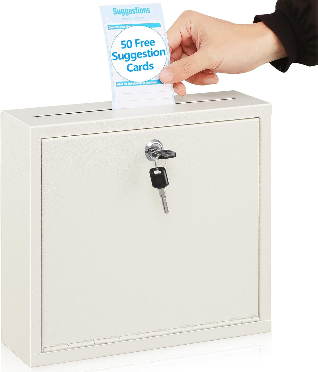 KYODOLED Suggestion Box with Lock and Slot, Wall Mounted Small Mailbox for Office, Key Drop Box with 50 Free Suggestion Cards, Safe Lock Box, Ballot Box, Donation Box, 3W x 10H x 12L Inch White