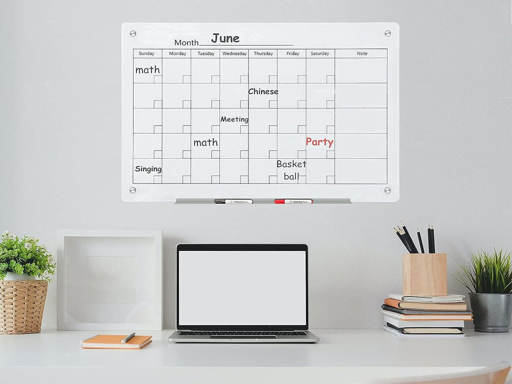 J&J worldwide Magnetic Whiteboard Calendar, 3' x 2' Glass Wall Calendar Dry Erase Board Monthly Planner for Home, School, Office, Frameless, with Markers, Marker Tray, Eraser, Magnets, 35 x 23 Inches