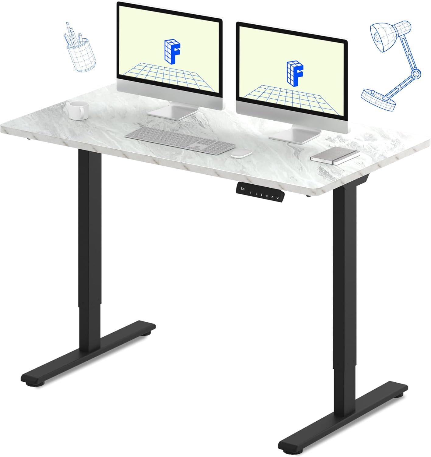 FLEXISPOT E3 Dual Motor Electric Standing Desk 55x28 Inch Whole-Piece Board Height Adjustable Electric Sit Stand Desk (Black Frame + Marble Grey Desktop, 2 Packages)