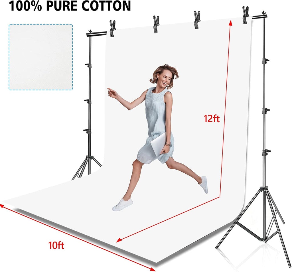 Photo Background Support System with 10 x 10ft Backdrop Stand Kit,10 x12ft 100% White Cotton Muslin Backdrop,Clamp,Carry Bag for Photography Video Studio