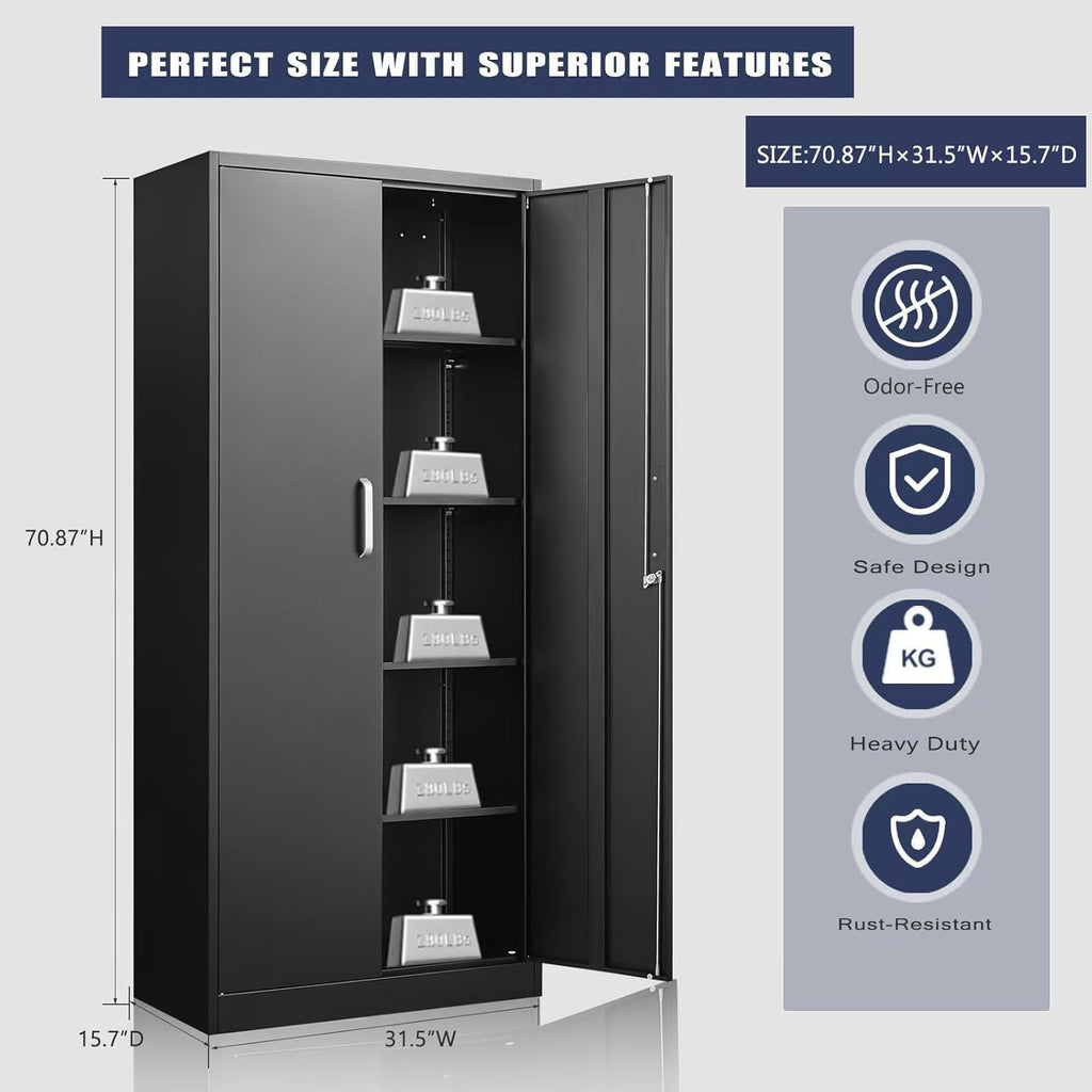 Metal Storage Cabinet with Adjustable Shelves, Garage Storage Cabinets with Doors and Shelves, File Cabinets for Home Office, Kitchen Pantry Cabinet, 71'H, Black