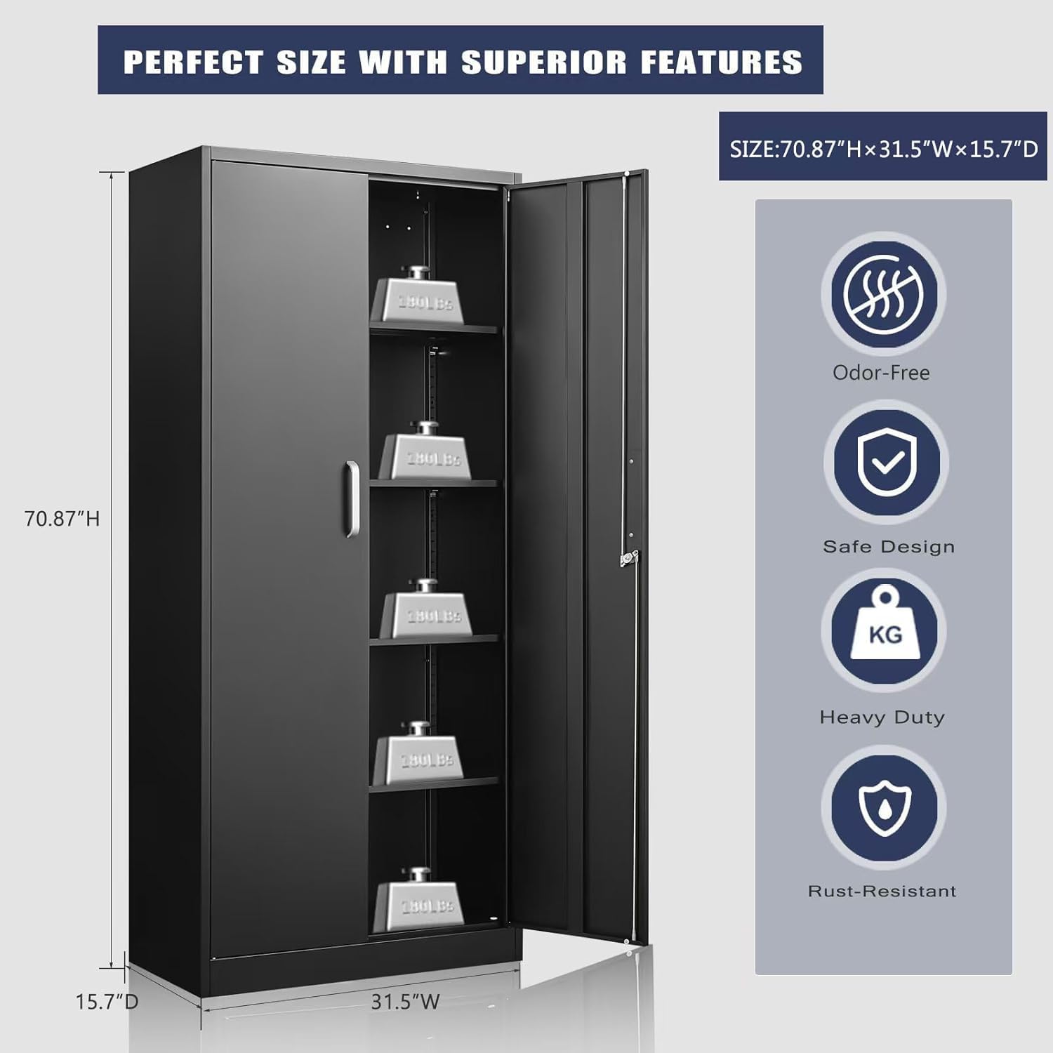 Metal Storage Cabinet with Adjustable Shelves, Garage Storage Cabinets with Doors and Shelves, File Cabinets for Home Office, Kitchen Pantry Cabinet, 71'H, Black