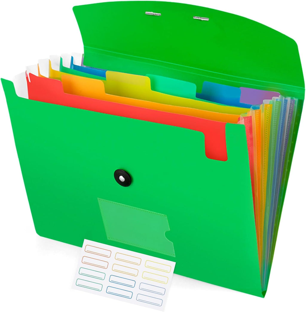 Accordion File Organizer, 7 Pockets Expanding File Folder with Labels, A4/Letter Size Portable Folders for Documents, Paper Organizer for School Office Supplies, Green