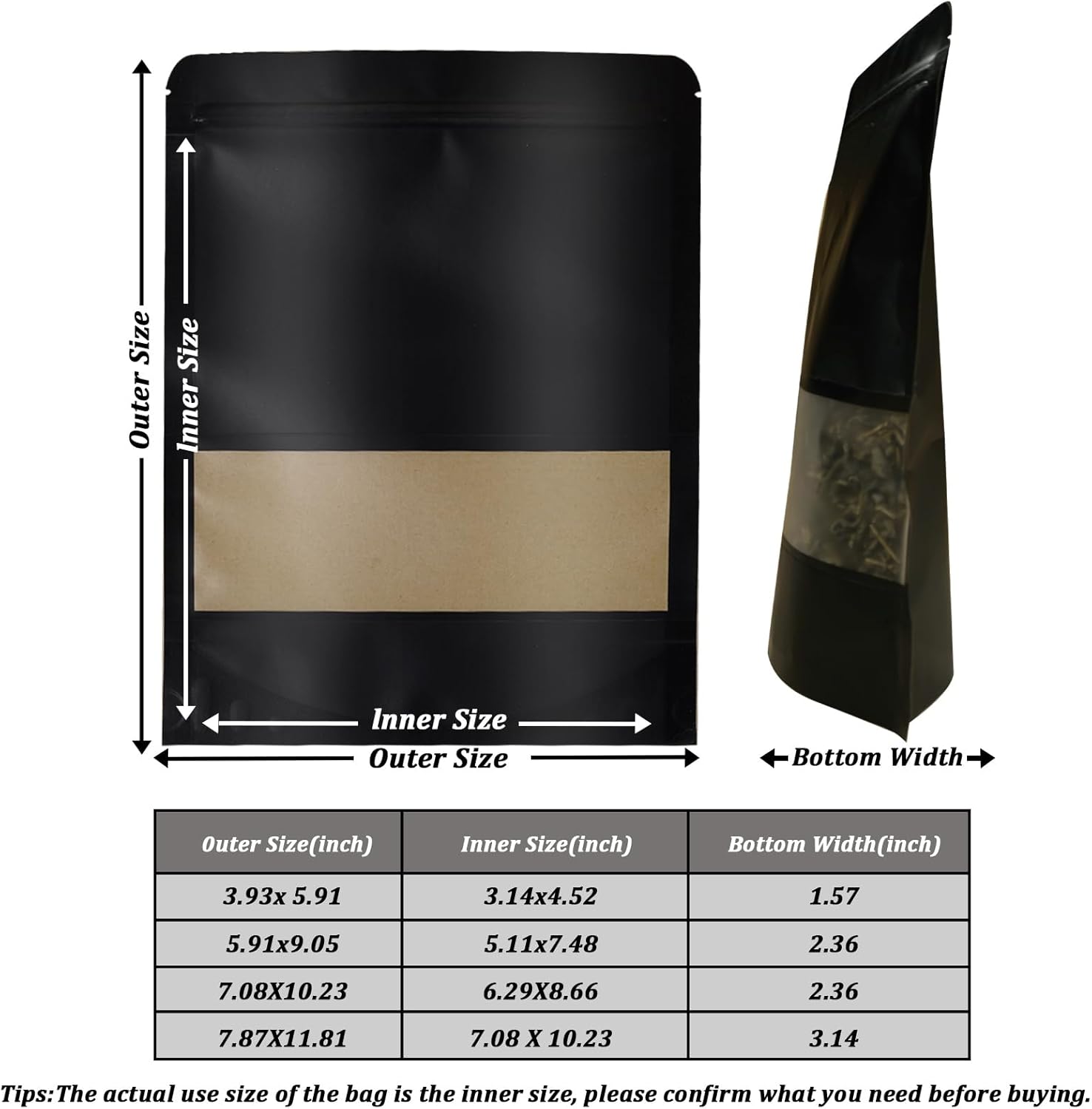 100 PCS Resealable Stand Up Kraft Paper Bags With Matte Window, Zipper Lock Food Storage for Small Business and Home, 5.91 * 9.05 Inches Reusable Sealable Packaging - Black