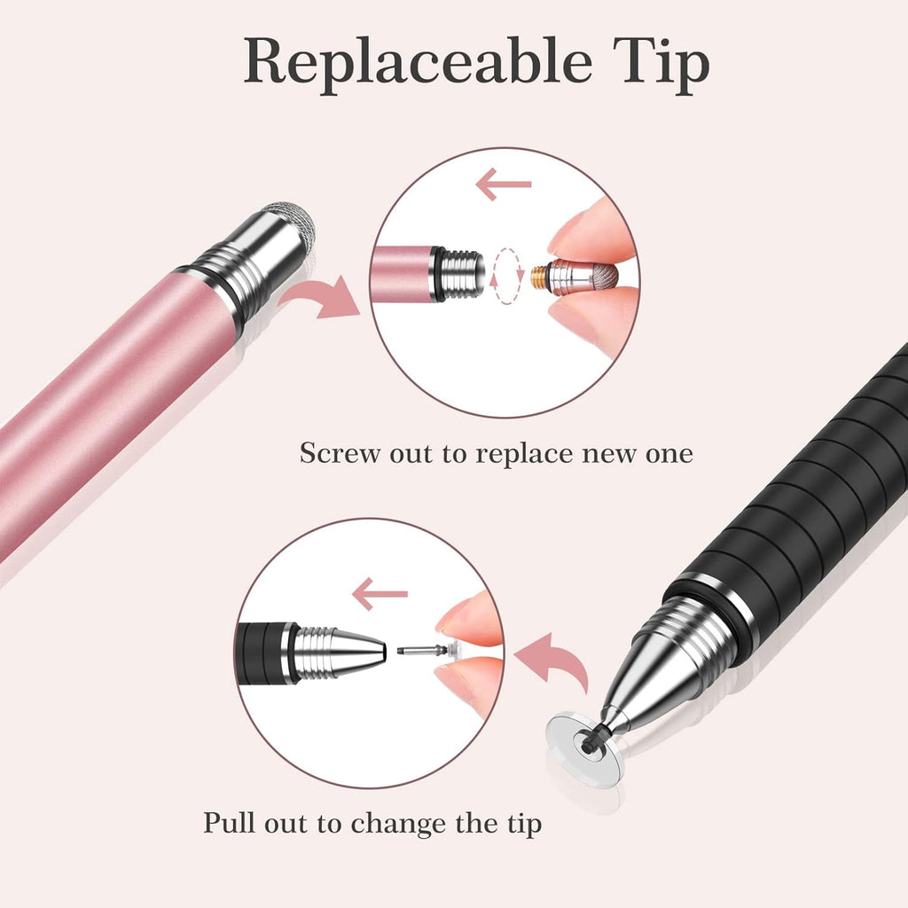 MEKO Stylus Pens for Touch Screens, 2 in 1 Universal Disc Stylus Pens for iPhone, iPad and All Capacitive Cell Phones, Tablets, Laptops Bundle with 6 Replacement Tips - (2 Pcs, White/Rose Gold)