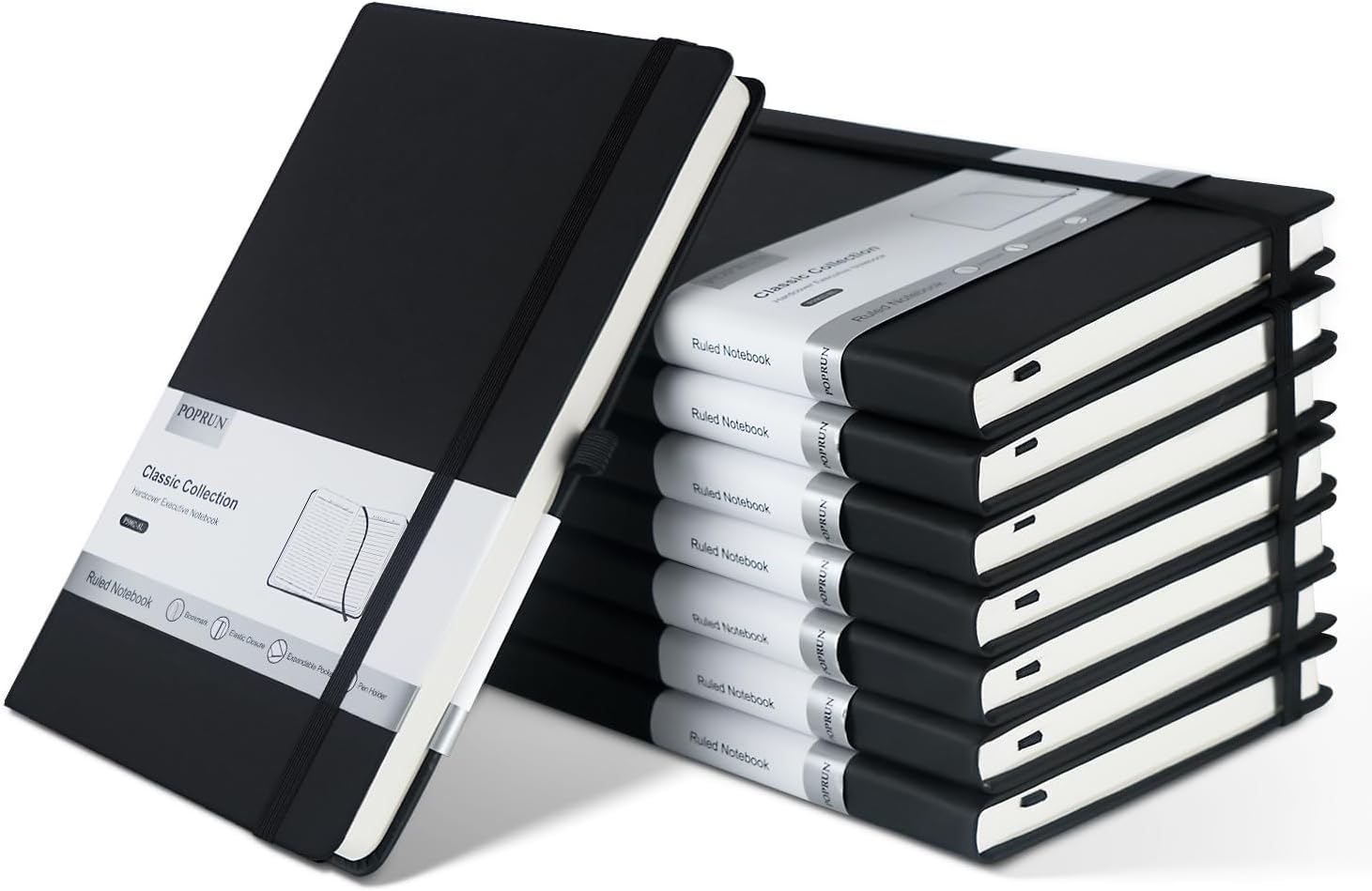 POPRUN 8 Pack Black Lined Journal Notebooks, Waterproof PU Leather Hardcover, A5 Classic College Ruled Journals for Writing, Business Work, School Note Taking, 5.5 x 8.3 inch, 240 Pages Notepad