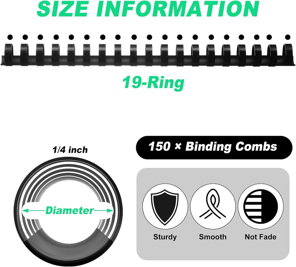 Yunsailing 150 Pack Plastic Binding Combs Plastic Binder Comb Ring 19 Ring Binding Spines Letter Size Spiral coils for Notebook Calendar(1/4 in,Black)