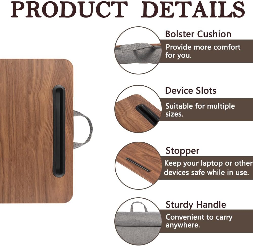 Portable Laptop Desk Fits Up to 16“ Laptops, with Tablet Slot, Built-in Cushion, Great for Home & Office,Lap Desk for Laptop,Lap Desk with Cushion (Brown, Medium)