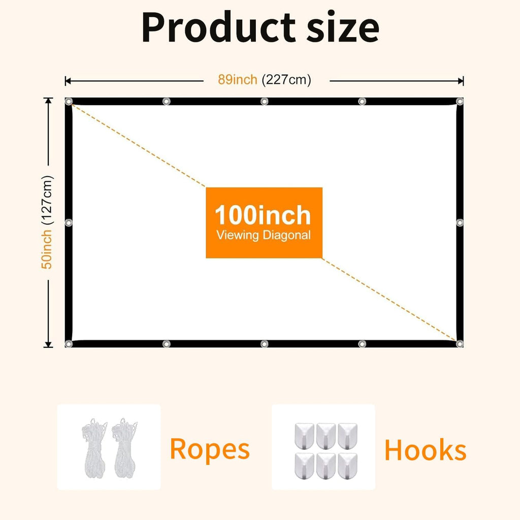 100 Inch Portable Projector Screen Outdoor: 4K HD Anti-Crease Foldable Indoor Hanging Wall Home Theater Screen