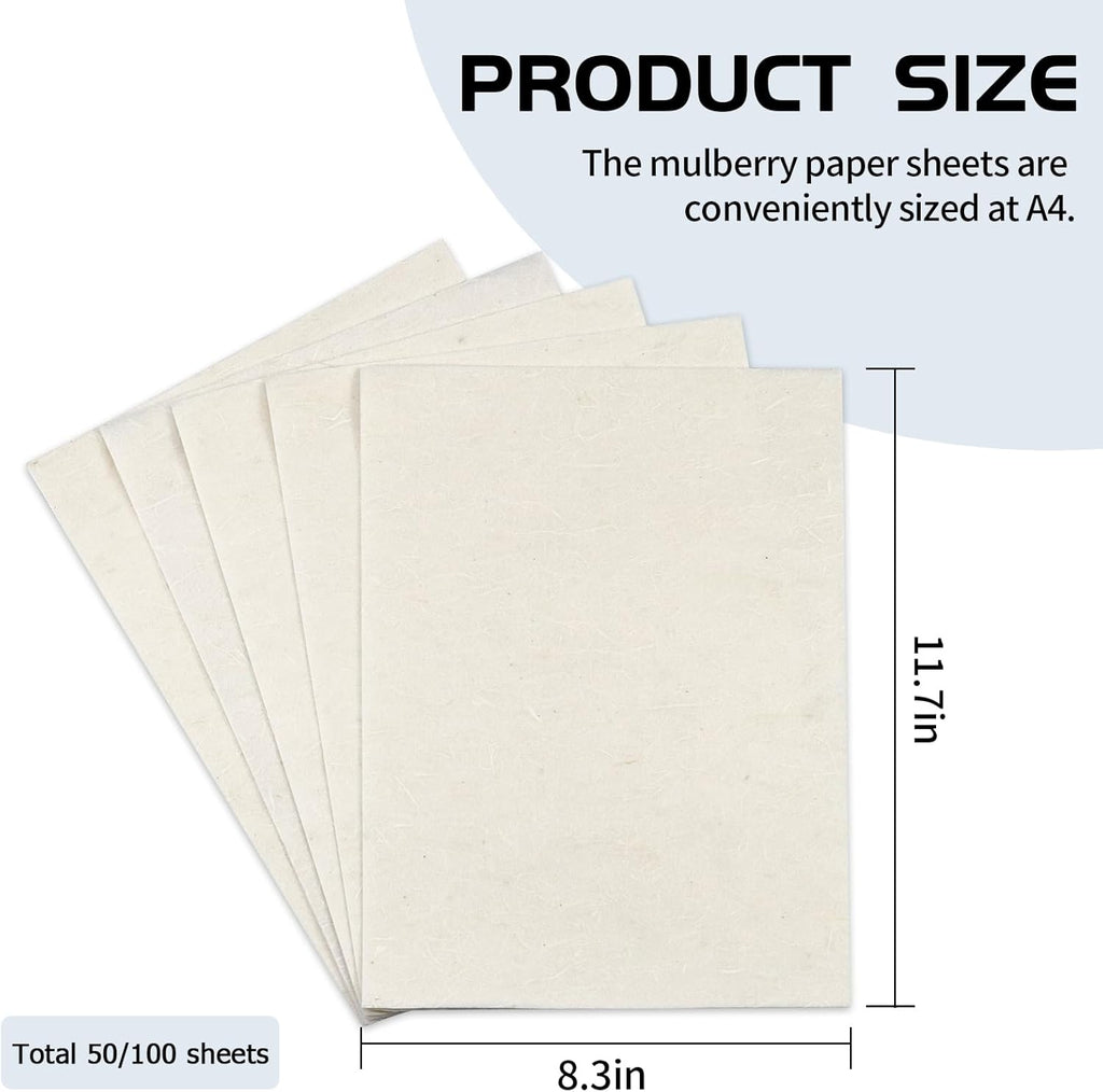 50/100 Sheets FIVEIZERO A4 Mulberry Paper Sheets Natural Fiber Rice Papers,8.3x11.7in Natural Decoupage Tissue Paper for Writing Painting, Decorative &Card Making Papers DIY Craft