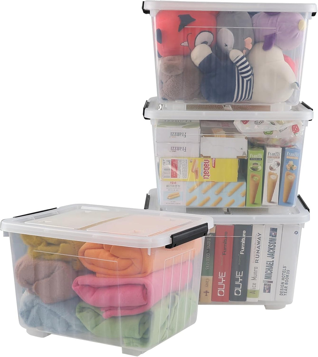 Wekioger Set of 4 Plastic Storage Box on Wheels, 32 Quart Latch Storage Container Bin, Clear
