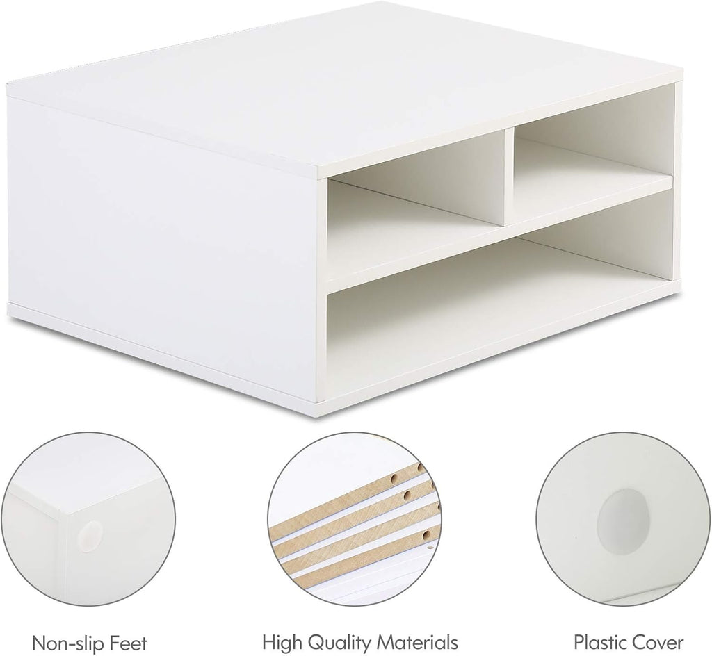FITUEYES Large Printer Stand with 3 Storage Compartments, Desk Paper Organizer for Home Office, 2-Tier Wood Printer Shelf, White, 18.9" L x 15.7" W x 8.7" H