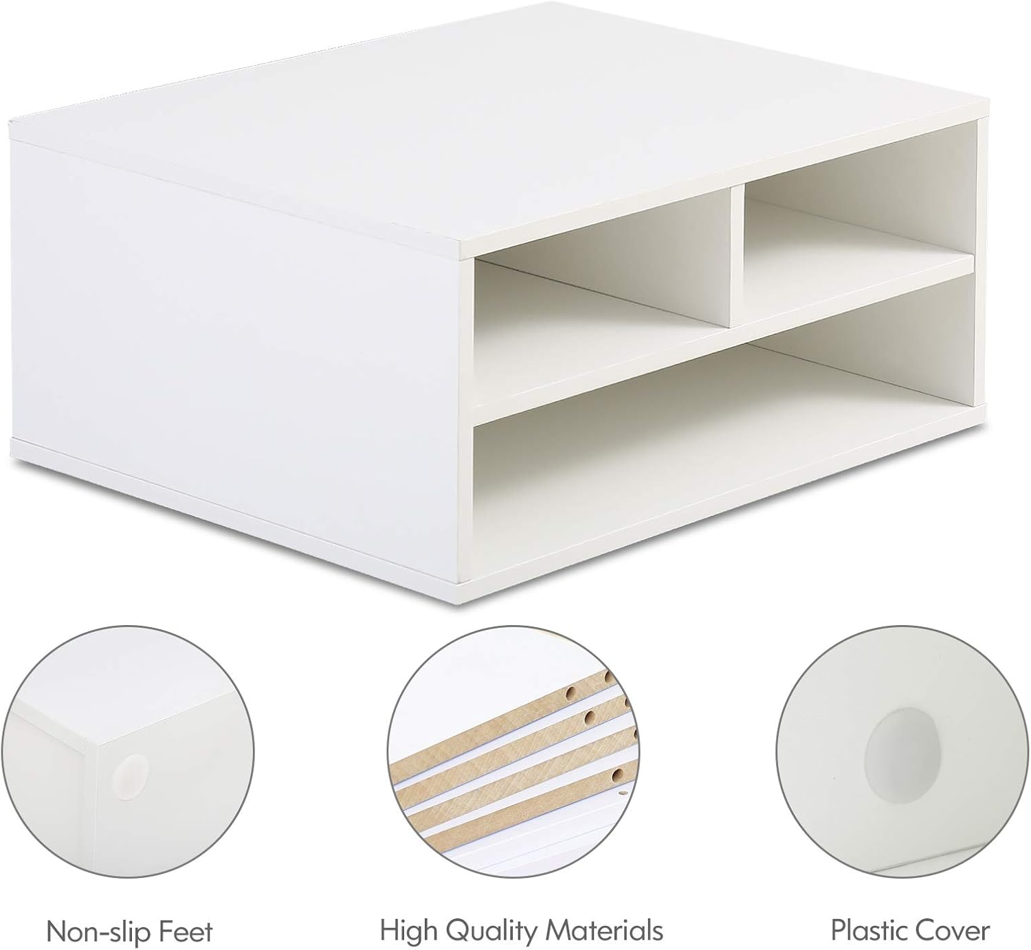 FITUEYES Large Printer Stand with 3 Storage Compartments, Desk Paper Organizer for Home Office, 2-Tier Wood Printer Shelf, White, 18.9" L x 15.7" W x 8.7" H