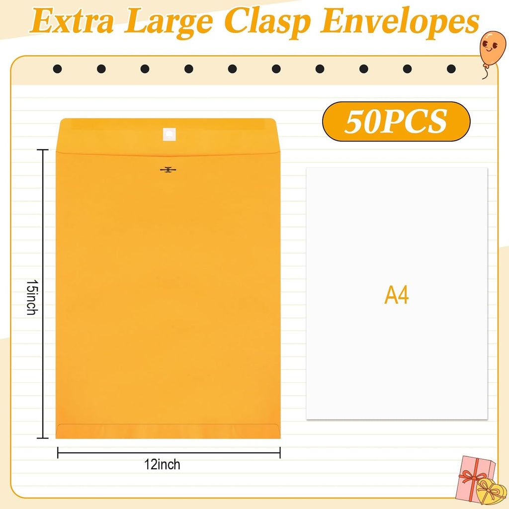 50 Pcs 12 x 15 Inch Extra Large Mailing Clasp Envelopes Jumbo Kraft Catalog Manila Envelope with Clasp Closure for Oversized Big Documents Office Home Business Legal School Storing Mailing