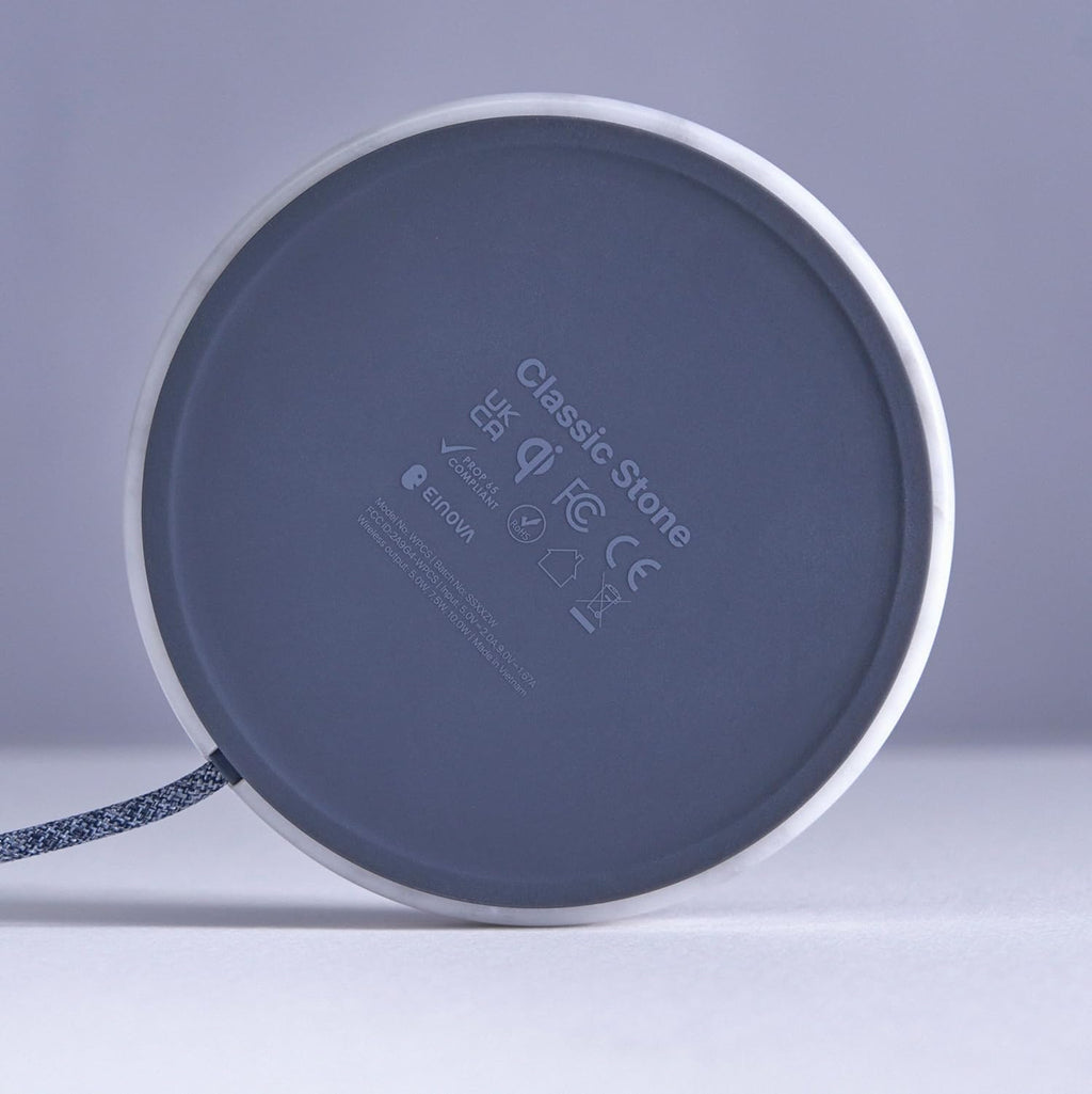 Einova Classic Stone – Marble Wireless Charging Pad Designed in Italy, Integrated 6 ft USB-C Cable, Smartphones, Wireless Earbuds, Smartwatches – White Carrara Marble