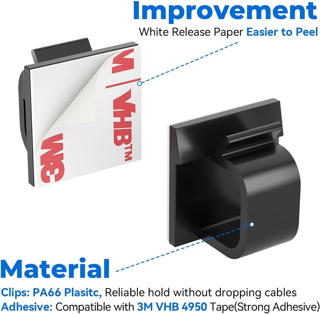 Large Cable Clips 40pcs with Strong Adhesive Tapes,Wire Holder Organizer Cord Management for Car, Office and Home (Black- L05(40PCS))
