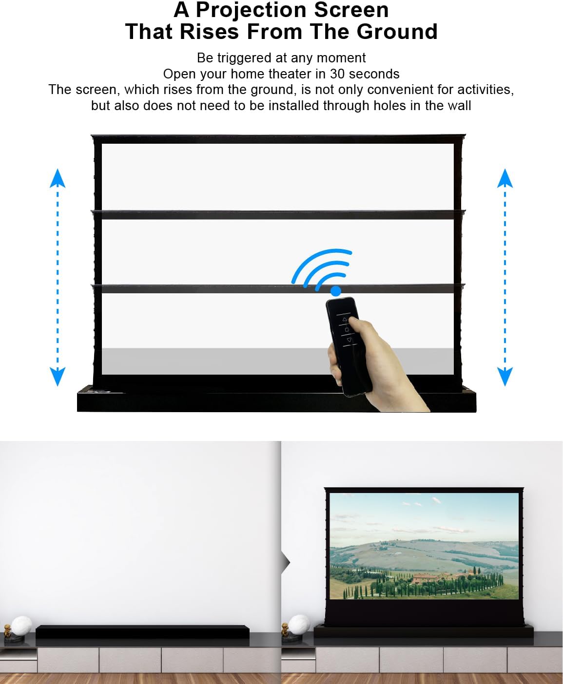 VIVIDSTORM-Projector Screen with Stand S 110 Inch Sound Transparent Perforated Floor Rising White Fabric 4k HD Ready Home/Movie Theatre Work with Normal Throw Projector, VSDSTPW110H