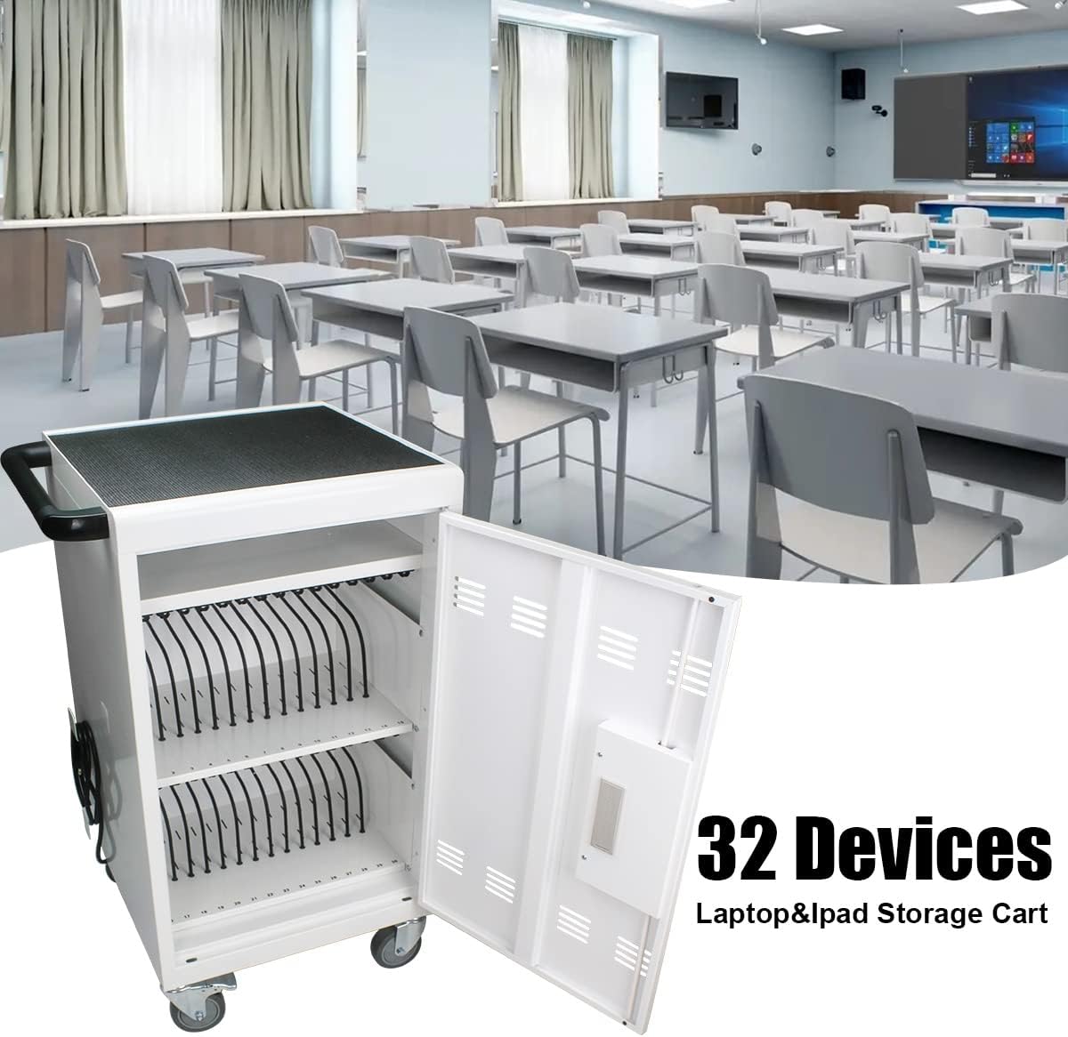32 Device Charging Cart with Combination Lock, Laptop and Tablet Mobile Charging Cabinet for Up to 16.3" Devices with Cord Management, Desktop Charging and Storage Locker for Classroom or Office.White