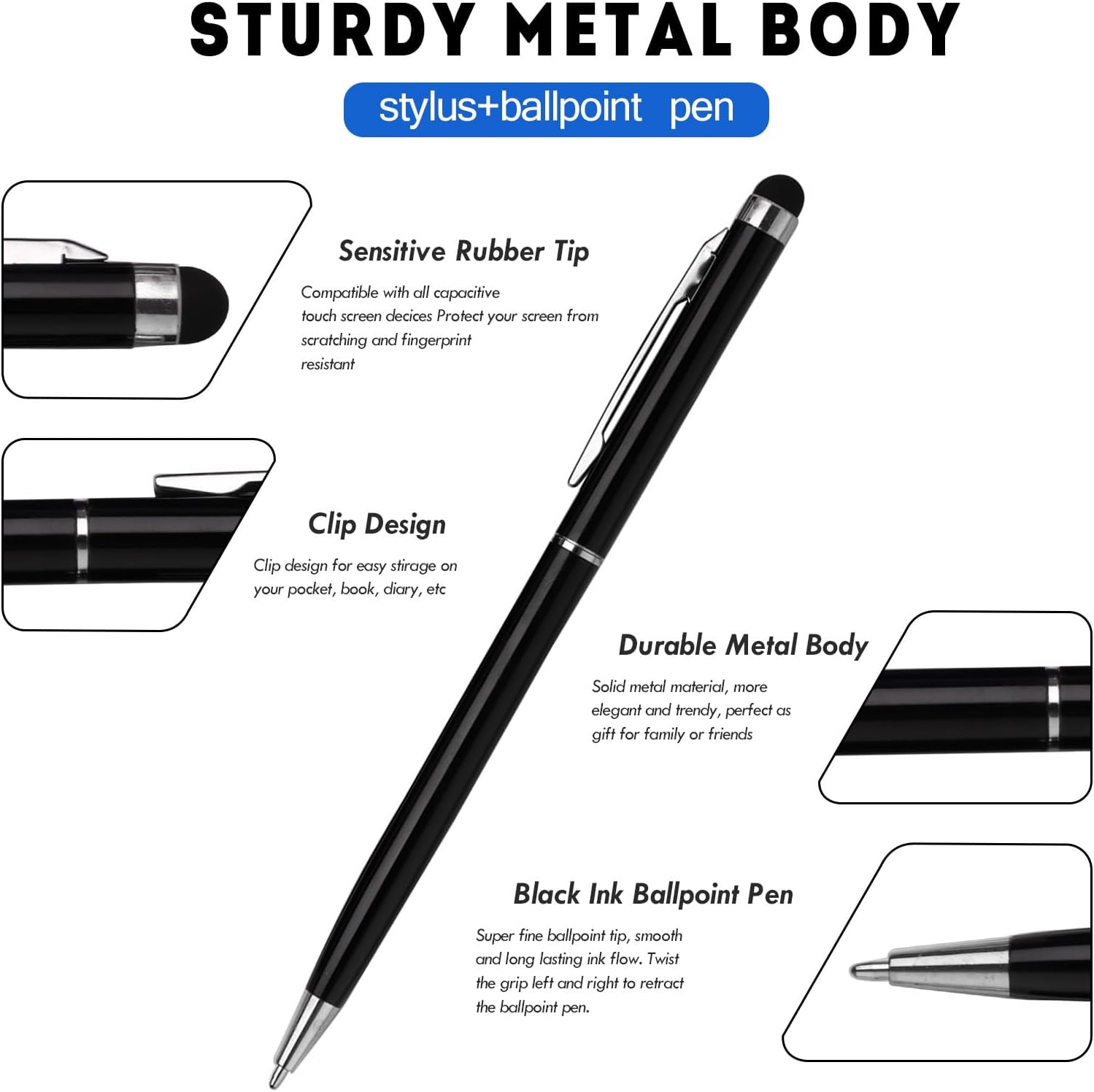 15 Pack Stylus Pens for Touch Screens Stylus Pen Compatible with Phone Tablets Kindle and Black Ink Ballpoint Pens-2 in 1 Stylists pens for Touch Screens (Silver & Black)