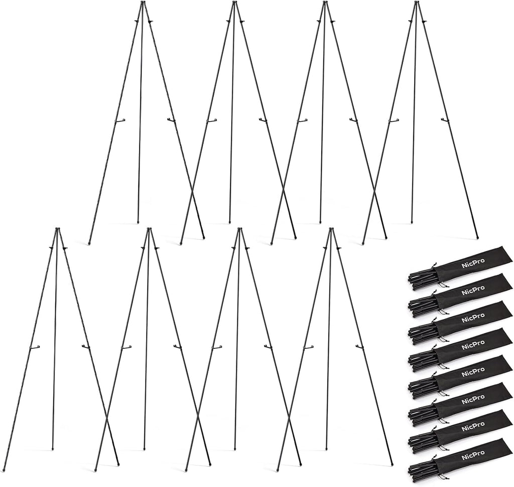 Nicpro Black Easel Stand for Sign, 8 Pack 63" Metal Portable Adjustable Collapsible Easels for Display, Painting, Poster, Wedding Sign with Carry Bag
