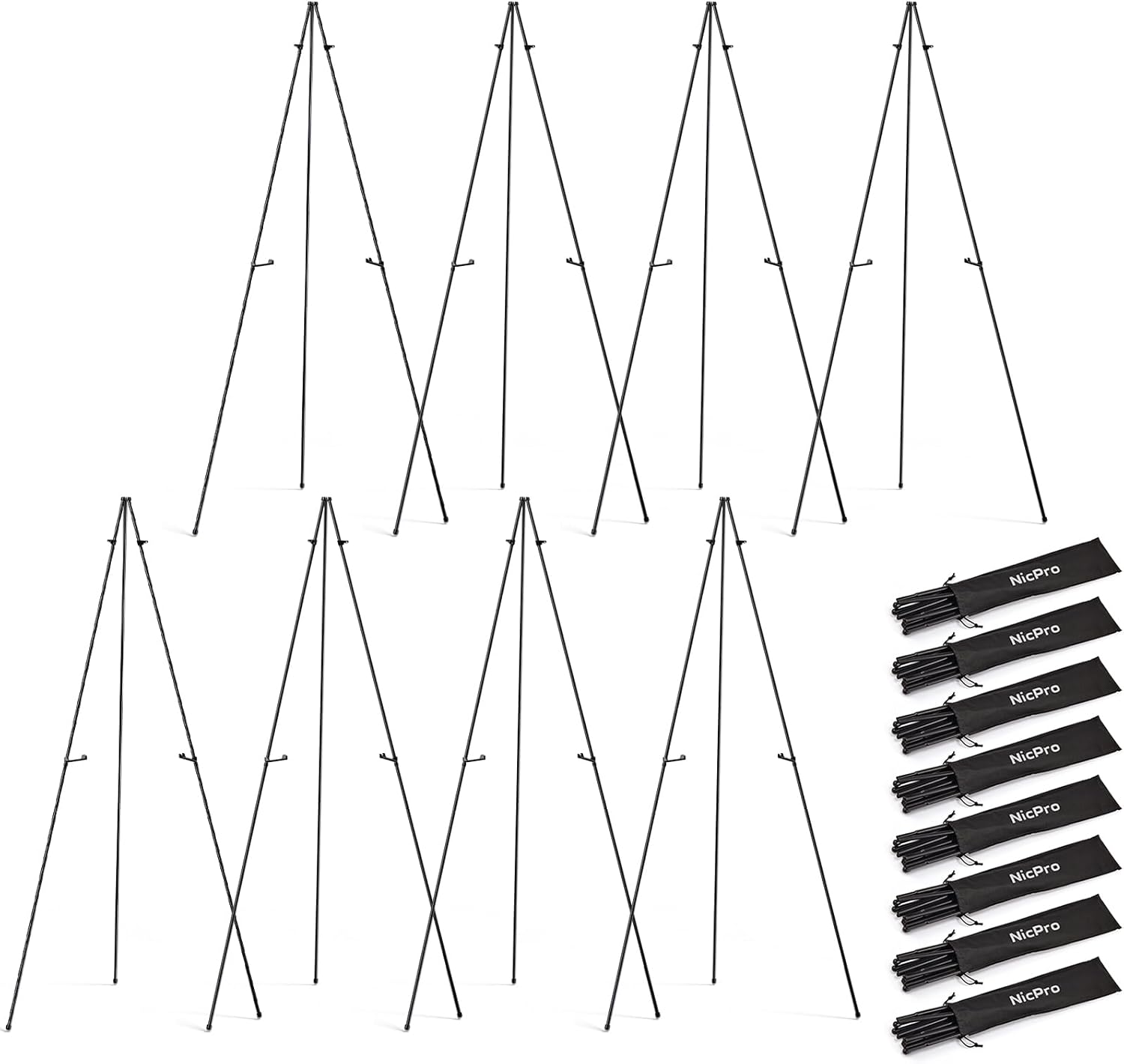 Nicpro Black Easel Stand for Sign, 8 Pack 63" Metal Portable Adjustable Collapsible Easels for Display, Painting, Poster, Wedding Sign with Carry Bag