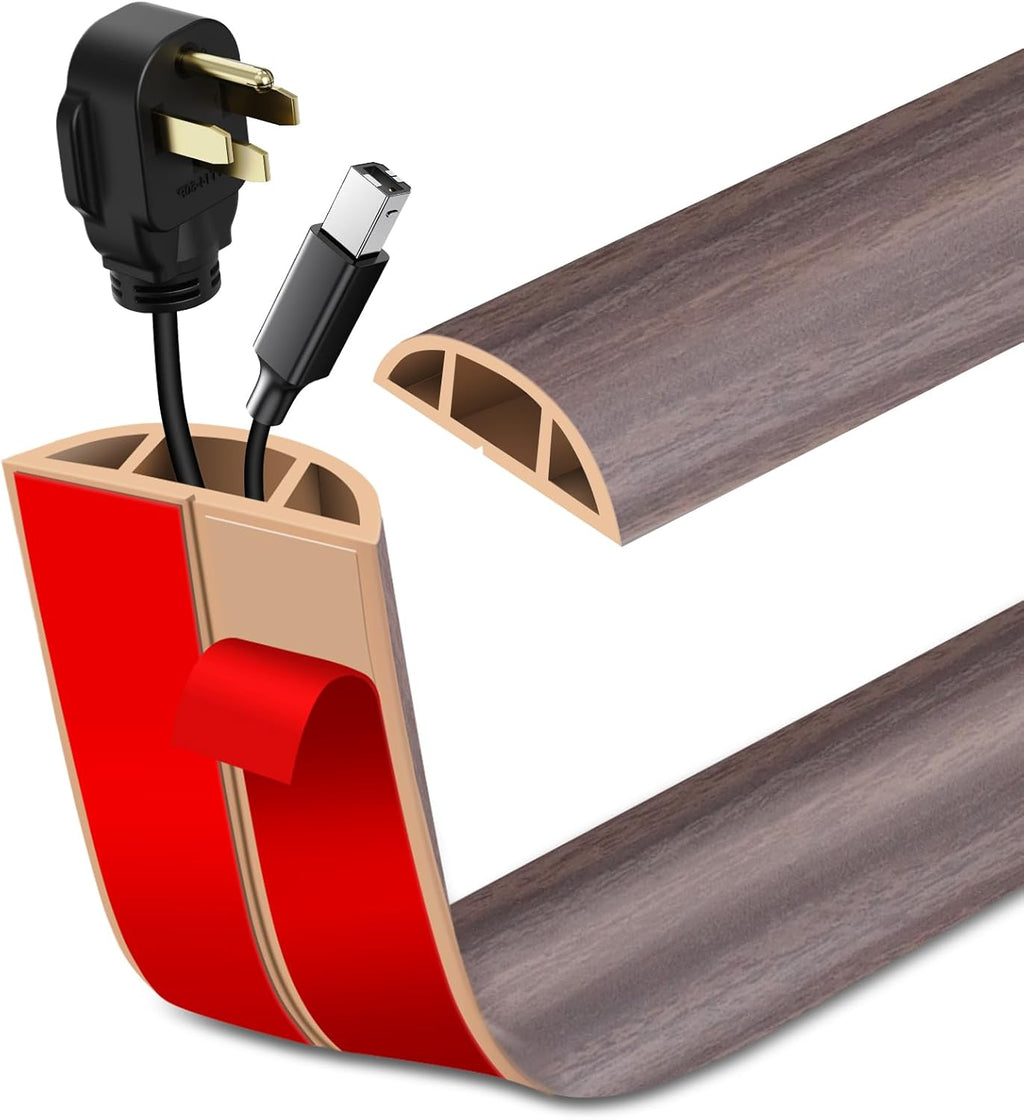 Floor Cord Cover Self Adhesive Cord Hider Floor Extension Cord Covers for Floor Power Cord Protector Cable Management Prevent Cable Trips Cable Cavity 0.47" W x 0.27" H (Brown Walnut Wood, 10Ft)