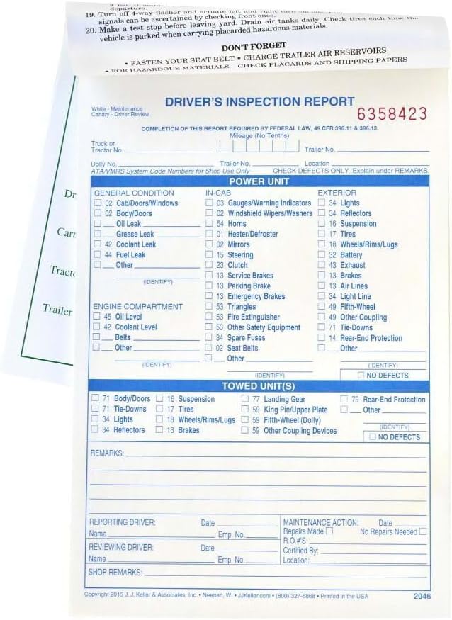 Detailed Driver's Vehicle Inspection Report 4-pk. - Book Format with 31 Sets, 2-Ply Carbonless, Blue Ink, 5.5" x 8.5", Meet FMCSR Requirements, J. J. Keller & Associates, Inc.