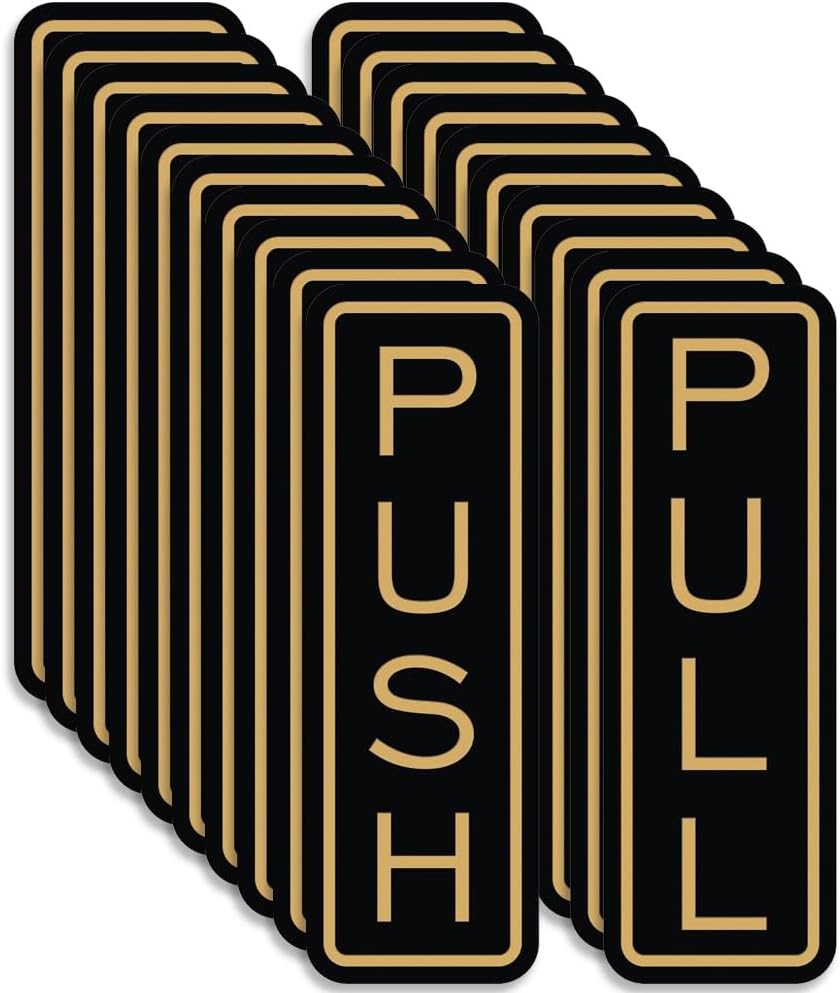 All Quality Classic Vertical Push Pull Door Signs - Great for Glass Doors | Professional Looking Signs | Easy Installation Includes Double-Sided Foam Adhesive Tape (Black/Gold) - Small (10 Pack)